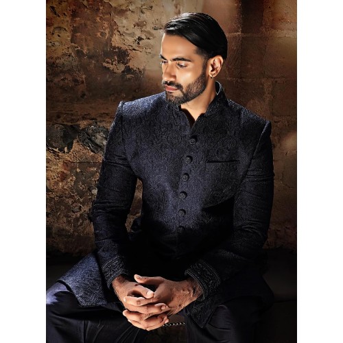 ZGMS2986 Black Embroidered Fabric Sherwani