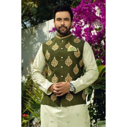 ZGMW2012 Army Green Raw Silk Waistcoat