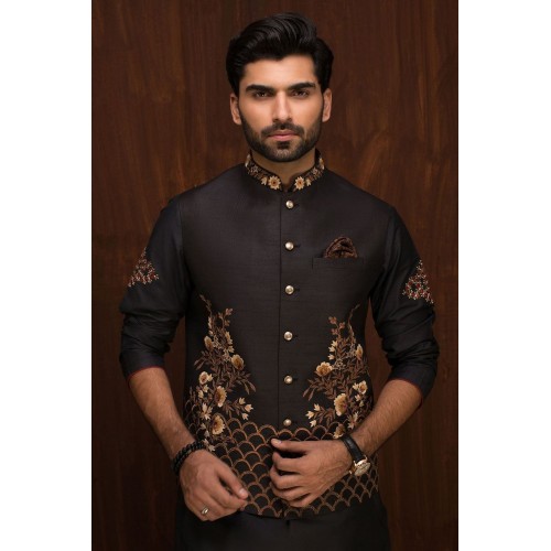 ZGMW2035 Black Raw Silk Waistcoat