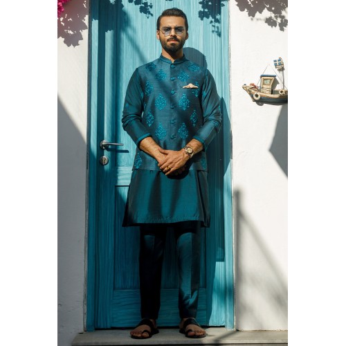 ZGMW2053 Teal Raw Silk Waistcoat