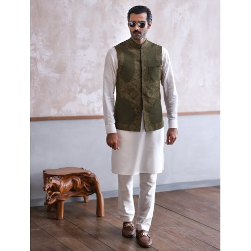 ZGMW2193 Olive Raw Silk Waistcoat