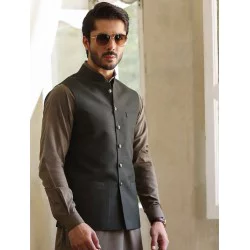 ZGMW2213 Black Olive Textured Fabric Waistcoat