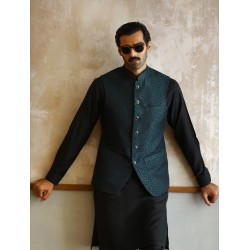 ZGMW2218 Black Turquoise Jacquard Waistcoat