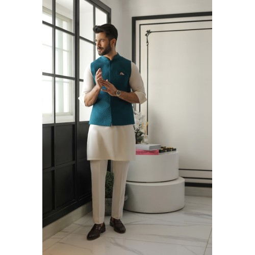 ZGMW2373 Dark Teal Raw Silk Waistcoat