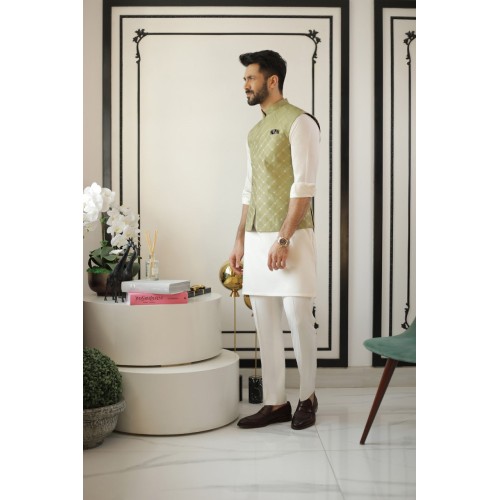 ZGMW2374 Olive Green Raw Silk Waistcoat