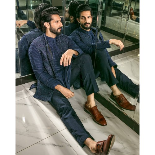 ZGMW2759 Navy Raw Silk Waistcoat