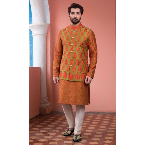 ZGMW2942 Moss Green Raw Silk Waistcoat