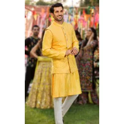 ZGMW2944 Yellow Embroidered Raw Silk Waistcoat
