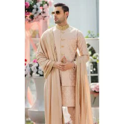 ZGMW2945 Desert Sand Embroidered Raw Silk Waistcoat