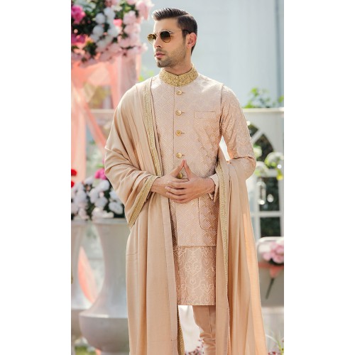 ZGMW2945 Desert Sand Embroidered Raw Silk Waistcoat