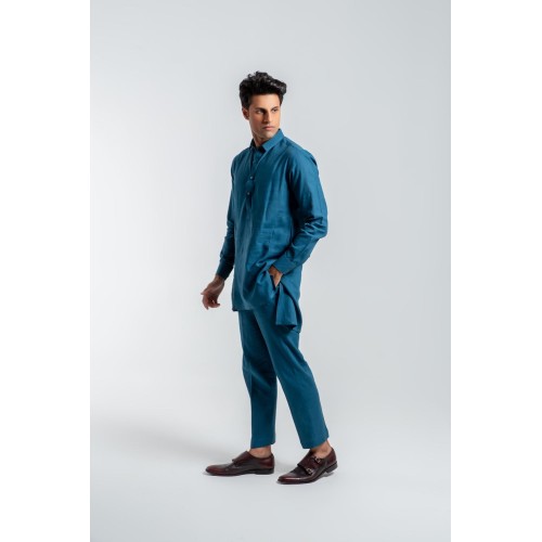 ZGMK3206 Teal Khadi Woven Cotton Kurta