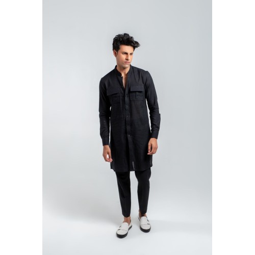 ZGMK3207 Black Khadi Woven Cotton Kurta ZGMK3207 Black Khadi Woven Cotton Kurta