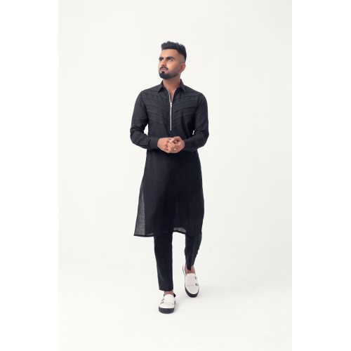 ZGMK3209 Black Khadi Woven Cotton Kurta ZGMK3209 Black Khadi Woven Cotton Kurta