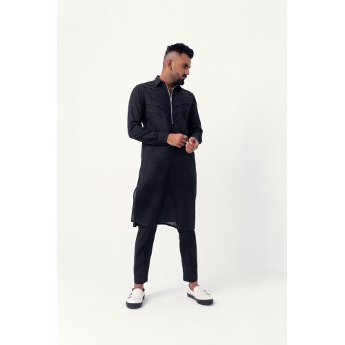 ZGMK3209 Black Khadi Woven Cotton Kurta ZGMK3209 Black Khadi Woven Cotton Kurta