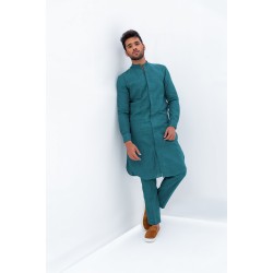 ZGMK3215 Dark Teal Khadi Woven Cotton Kurta