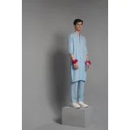 ZGMK3223 Uranian Blue Khadi Woven Cotton Kurta