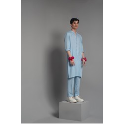 ZGMK3223 Uranian Blue Khadi Woven Cotton Kurta