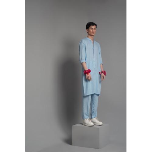 ZGMK3223 Uranian Blue Khadi Woven Cotton Kurta ZGMK3223 Uranian Blue Khadi Woven Cotton Kurta