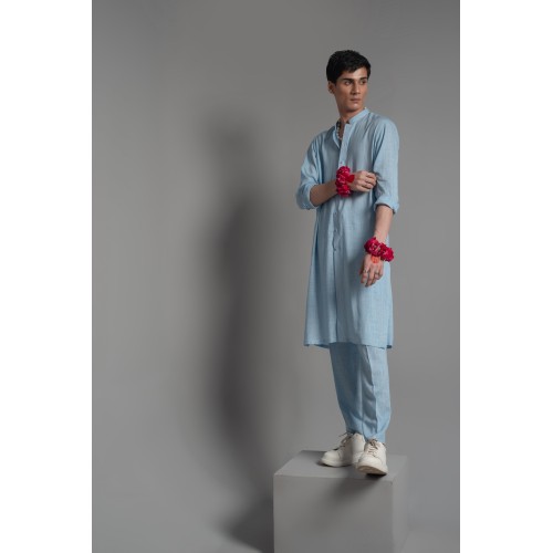 ZGMK3223 Uranian Blue Khadi Woven Cotton Kurta ZGMK3223 Uranian Blue Khadi Woven Cotton Kurta