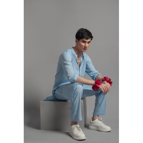 ZGMK3223 Uranian Blue Khadi Woven Cotton Kurta ZGMK3223 Uranian Blue Khadi Woven Cotton Kurta