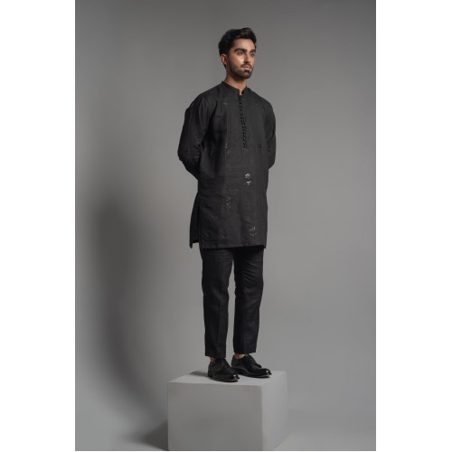 ZGMK3227 Black Khadi Woven Cotton Kurta