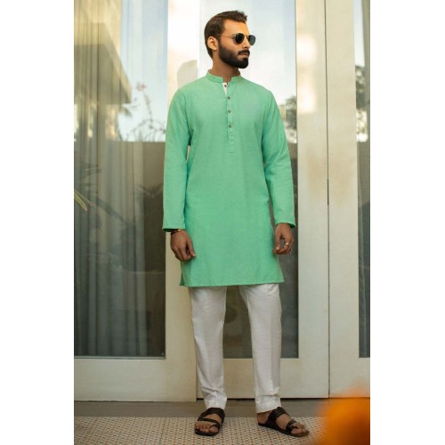 ZGMK3293 Medium Aquamarine Chambray Cotton Kurta ZGMK3293 Medium Aquamarine Chambray Cotton Kurta