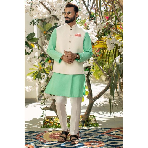 ZGMK3293 Medium Aquamarine Chambray Cotton Kurta ZGMK3293 Medium Aquamarine Chambray Cotton Kurta