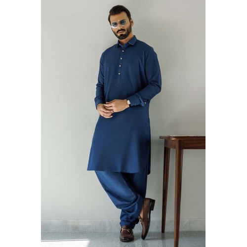 ZGMK3295 Yale Blue Bosky Linen Kameez Shalwar