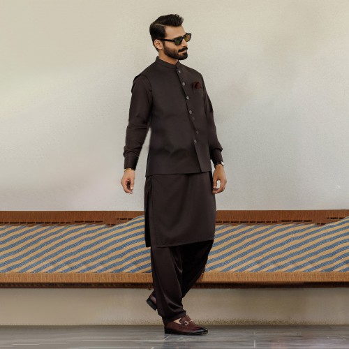 ZGMK3296 Dark Van Dyke Brown Bosky Linen Kurta ZGMK3296 Dark Van Dyke Brown Bosky Linen Kurta