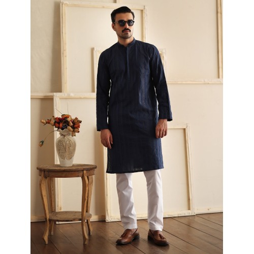ZGMK3415 Dark Navy Ombre Cotton Silk Kurta