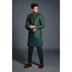 ZGMP3118 Green Embroidered Raw Silk Prince Coat