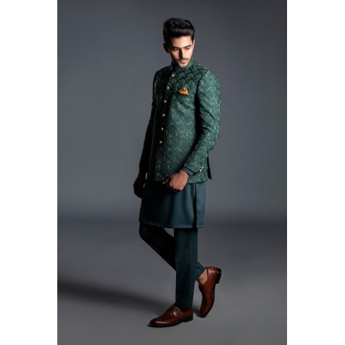 ZGMP3120 Brunswick Green Embroidered Raw Silk Prince Coat