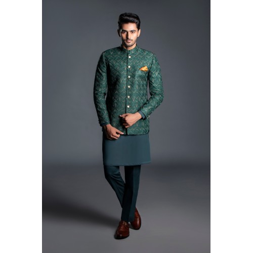 ZGMP3120 Brunswick Green Embroidered Raw Silk Prince Coat