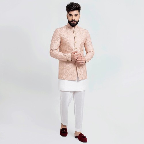 ZGMP3131 Misty Rose Embroidered Raw Silk Prince Coat