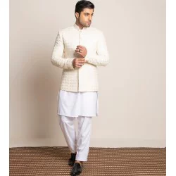 ZGMP3134 Cosmic Latte Embroidered Raw Silk Prince Coat