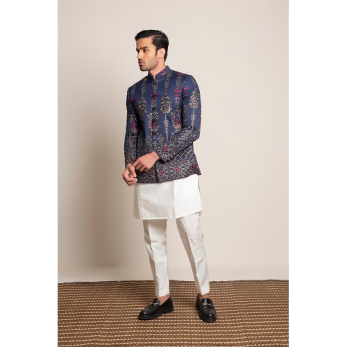 ZGMP3139 Navy Jamawar Prince Coat