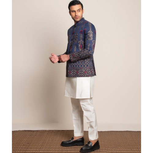 ZGMP3139 Navy Jamawar Prince Coat