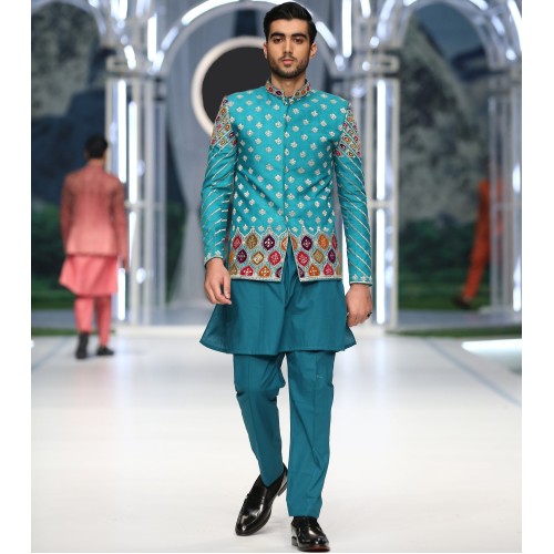 ZGMP3143 Blue Topaz Raw Silk Prince Coat ZGMP3143 Blue Topaz Raw Silk Prince Coat