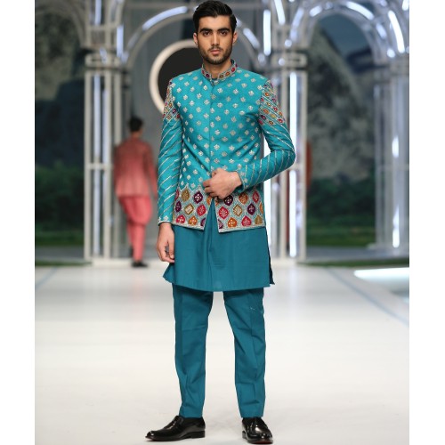 ZGMP3143 Blue Topaz Raw Silk Prince Coat ZGMP3143 Blue Topaz Raw Silk Prince Coat