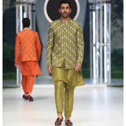 ZGMP3145 Olive Raw Silk Prince Coat
