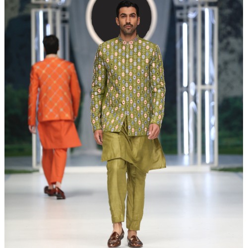 ZGMP3145 Olive Raw Silk Prince Coat