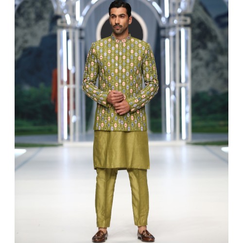 ZGMP3145 Olive Raw Silk Prince Coat