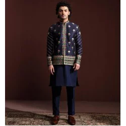 ZGMP3148 Navy Green Raw Silk Prince Coat
