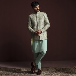 ZGMP3149 Tiffany Blue Raw Silk Prince Coat