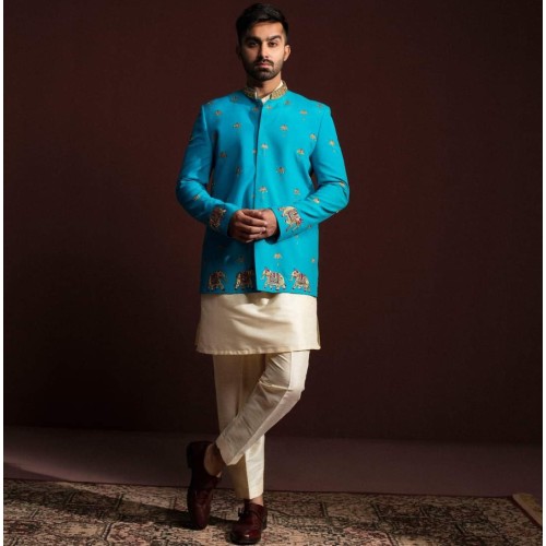 ZGMP3151 Vivid Sky Blue Raw Silk Prince Coat ZGMP3151 Vivid Sky Blue Raw Silk Prince Coat