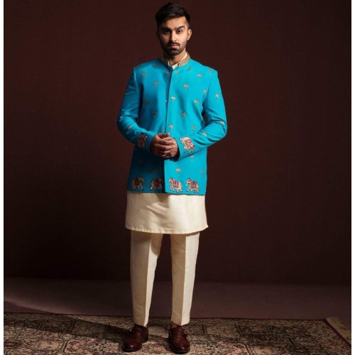ZGMP3151 Vivid Sky Blue Raw Silk Prince Coat ZGMP3151 Vivid Sky Blue Raw Silk Prince Coat