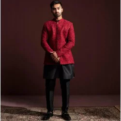 ZGMP3154 Red-Brown Embroidered Raw Silk Prince Coat