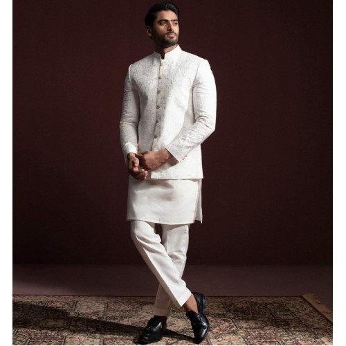 ZGMP3157 White Raw Silk Prince Coat