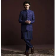 ZGMP3162 Dark Navy Embroidered Raw Silk Prince Coat
