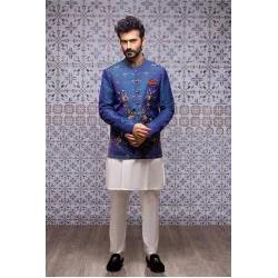 ZGMP3164 Cerulean Blue Raw Silk Prince Coat